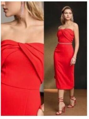 Red Strapless Twist-Bodice Midi Dress by